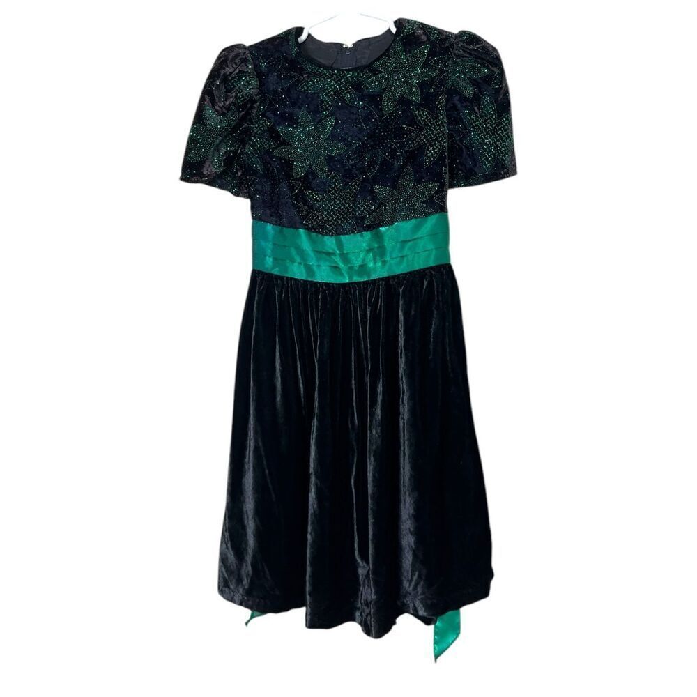 Jessica McClintock Girls Gunne Sax Green‎ Black Velvet Sparkly Dress Size 6X
